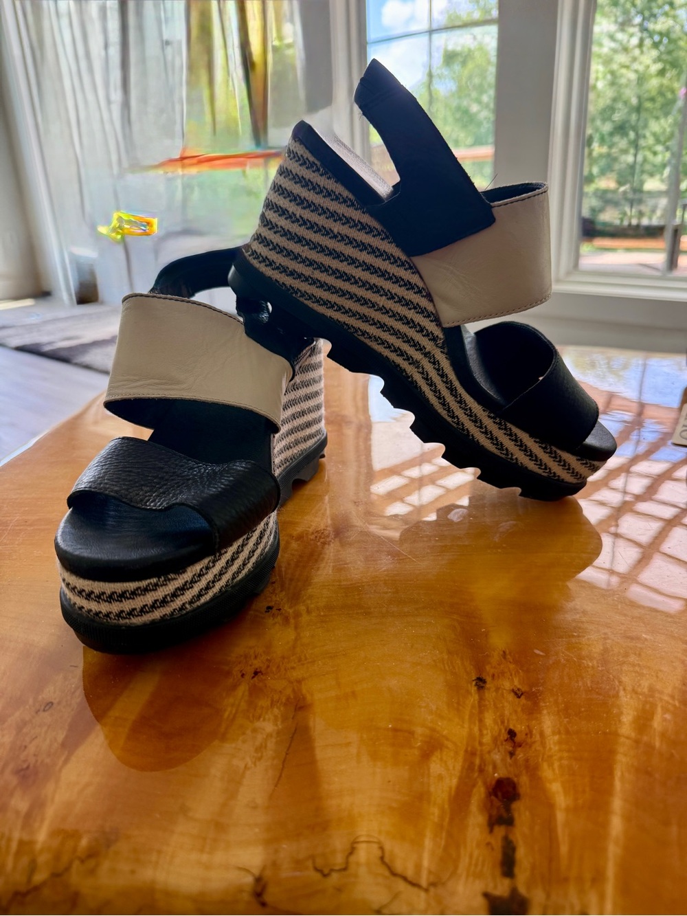 Sorel Black and Cream Platform Espadrille Wedge Sandals